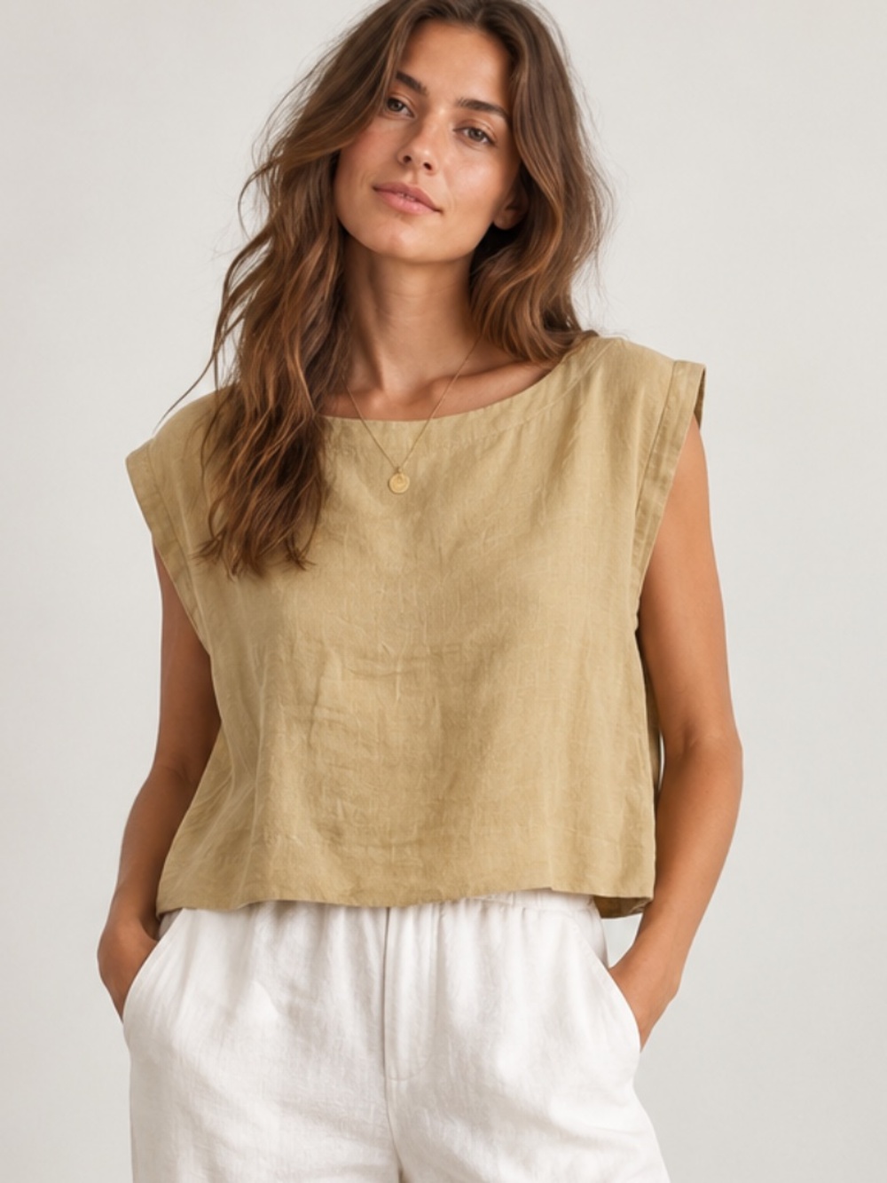 Laude the Label 100% Organic Linen Boxy Top Tan L